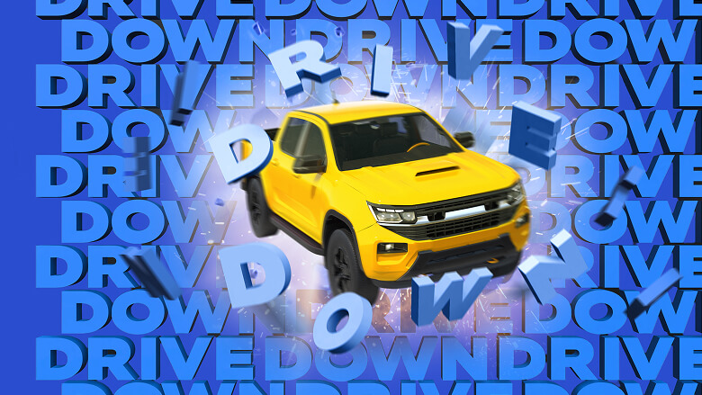 yellow truck driving through the words, drive down