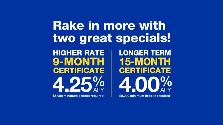 4.25% APY money market and 9-month certificate special 4.00% APY