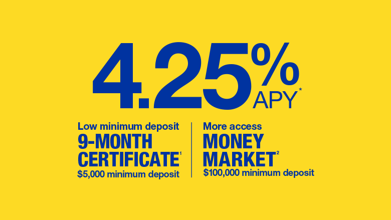 4.25% APY money market and 9-month certificate special 4.25% APY